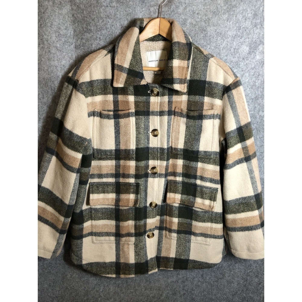 American Eagle Coat Womens Medium Brown Plaid Fleece Lined Shacket Jacket Casual